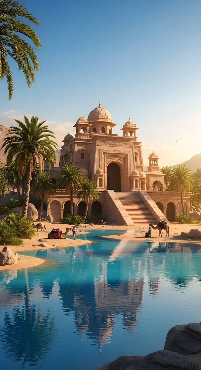 Download Majestic Desert Palace Reflected in Turquoise Oasis Water Wallpaper in Mobile HD Majestic Desert Palace Reflected in Turquoise Oasis Water - Free Mobile AMOLED Wallpaper Background