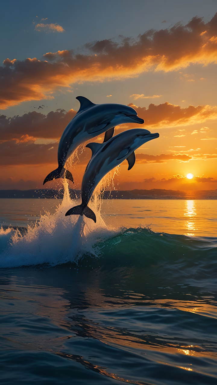 Download Majestic Dolphins Jumping Over Wave at Golden Ocean Sunset Wallpaper in Mobile HD Majestic Dolphins Jumping Over Wave at Golden Ocean Sunset - Free Mobile AMOLED Wallpaper Background