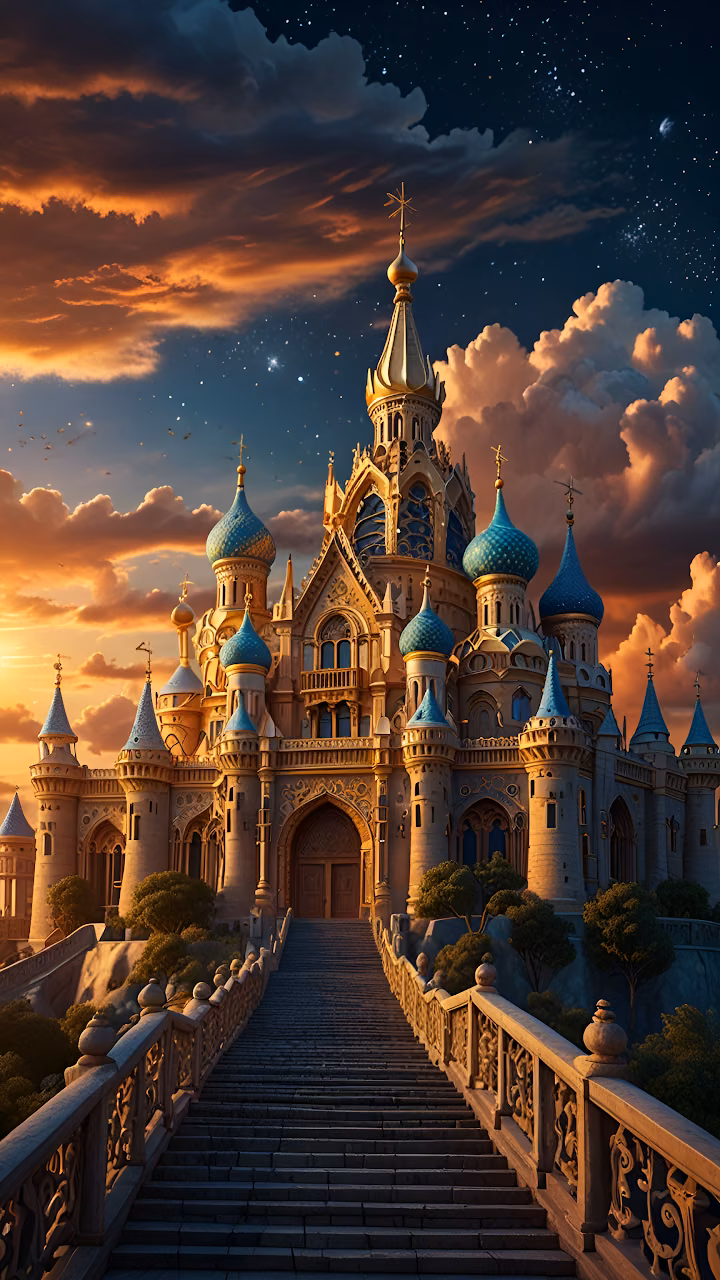 Download Majestic Fantasy Castle at Sunset Under Starry Sky Wallpaper in Mobile HD Majestic Fantasy Castle at Sunset Under Starry Sky - Free Mobile AMOLED Wallpaper Background