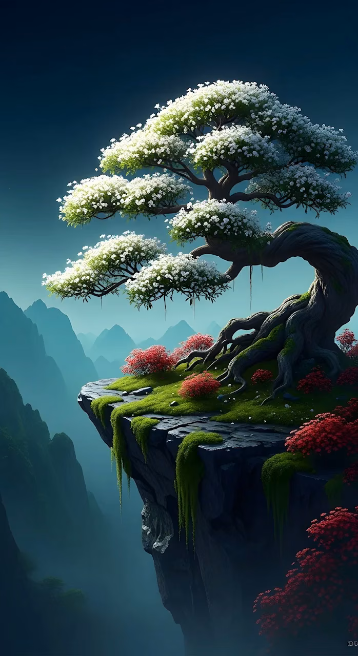 Majestic Flowering Tree Overlooking Blue Mountain Valley - Free Mobile AMOLED Wallpaper Background