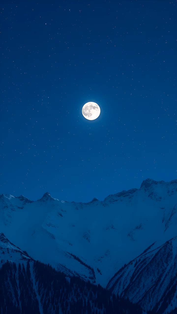 Download Majestic Full Moon Night Sky Over Snowy Alpine Peaks Wallpaper in Mobile HD Majestic Full Moon Night Sky Over Snowy Alpine Peaks - Free Mobile AMOLED Wallpaper Background