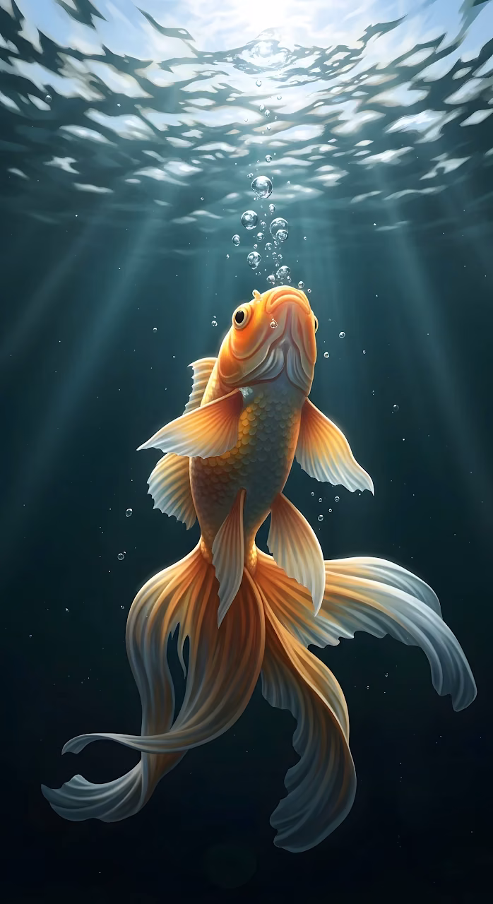 Download Majestic Goldfish Swimming Upwards Digital Illustration Wallpaper in Mobile HD Majestic Goldfish Swimming Upwards Digital Illustration - Free Mobile AMOLED Wallpaper Background
