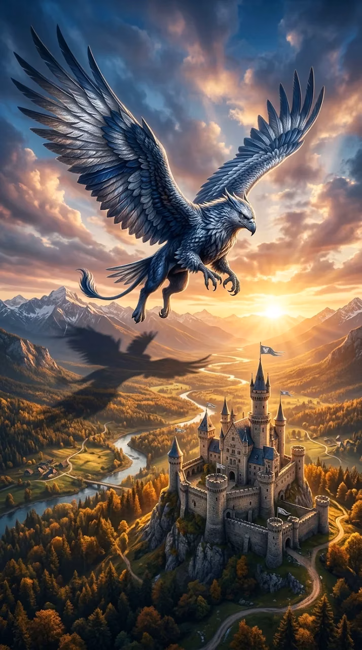 Download Majestic Griffin Flying Over Medieval Castle Wallpaper in Mobile HD Majestic Griffin Flying Over Medieval Castle - Free Mobile AMOLED Wallpaper Background