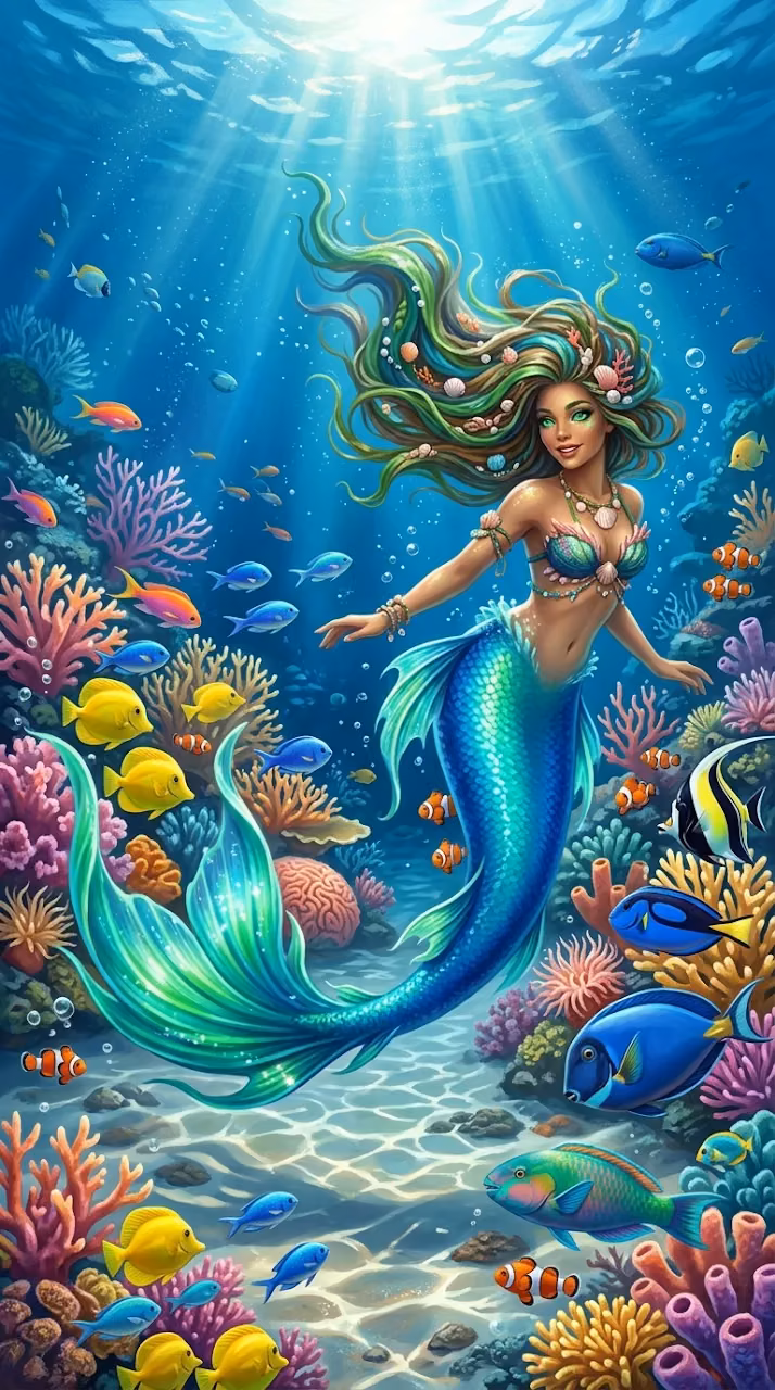 Majestic Mermaid with Shimmering Tail in Vibrant Underwater Coral Reef - Free Mobile AMOLED Wallpaper Background