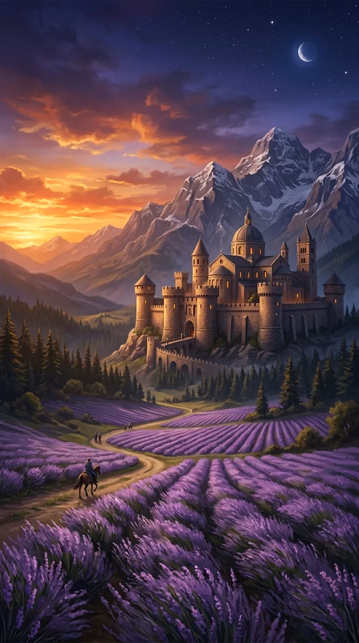 Download Majestic Mountain Castle Overlooking Lavender Fields Wallpaper in Mobile HD Majestic Mountain Castle Overlooking Lavender Fields - Free Mobile AMOLED Wallpaper Background