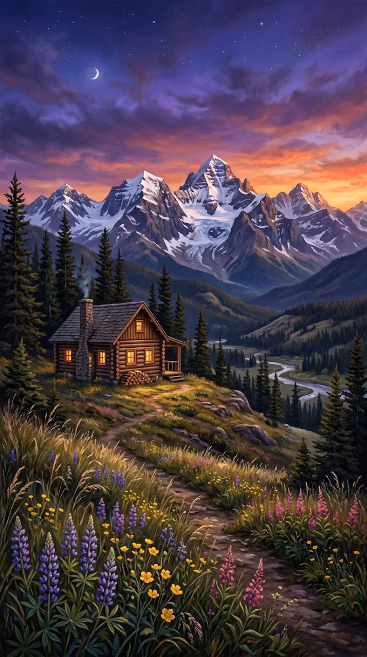 Majestic Mountain Landscape with Solitary Log Cabin at Twilight - Free Mobile AMOLED Wallpaper Background