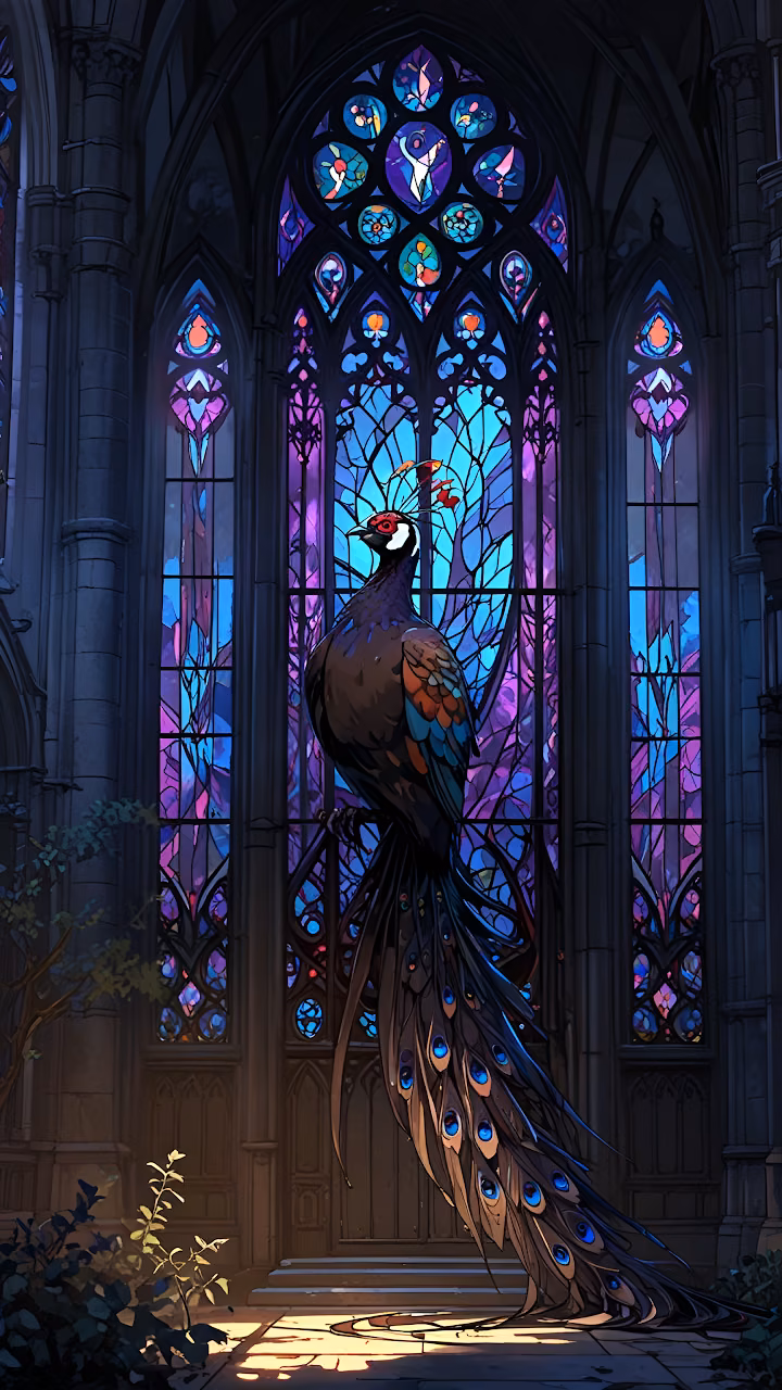 Download Majestic Peacock Before Gothic Stained Glass Window Wallpaper in Mobile HD Majestic Peacock Before Gothic Stained Glass Window - Free Mobile AMOLED Wallpaper Background