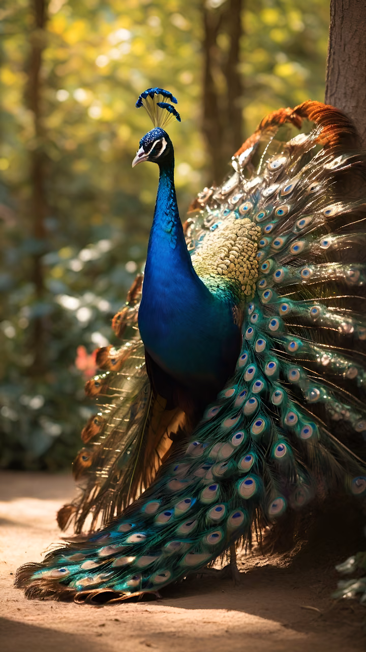 Majestic Peacock Displaying Iridescent Tail Feathers - Free Mobile AMOLED Wallpaper Background