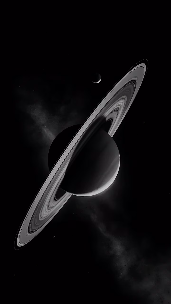 Majestic Saturn Planet Rings Monochrome Space Art - Free Mobile AMOLED Wallpaper Background