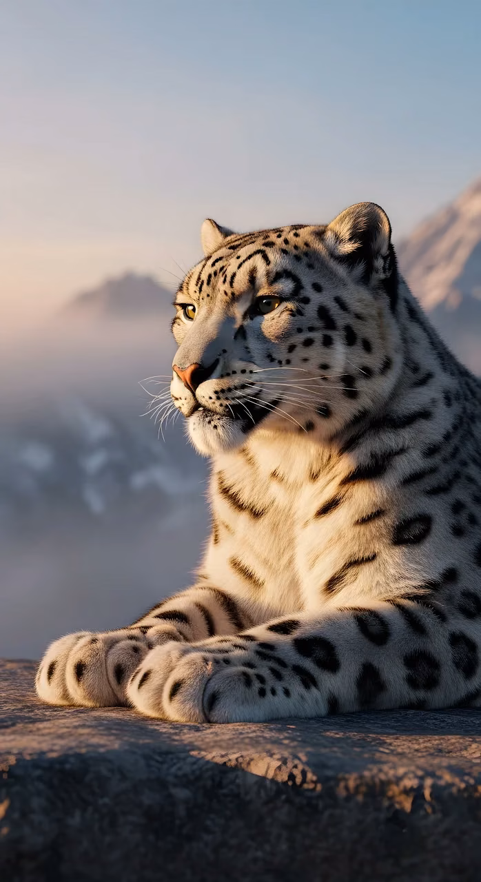 Majestic Snow Leopard Resting on Mountain Ledge at Dawn - Free Mobile AMOLED Wallpaper Background