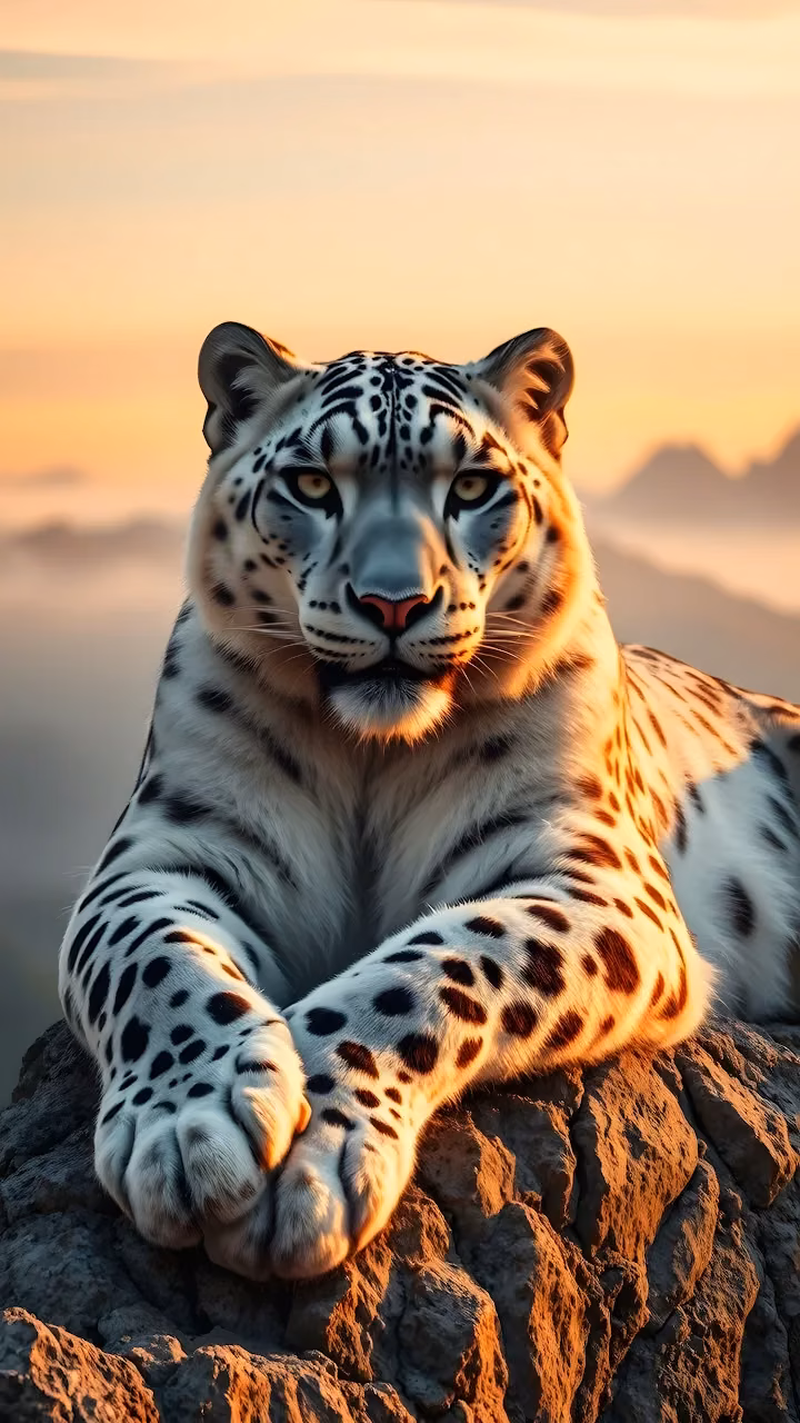 Majestic Snow Leopard Resting on Mountain Rock at Sunset - Free Mobile AMOLED Wallpaper Background