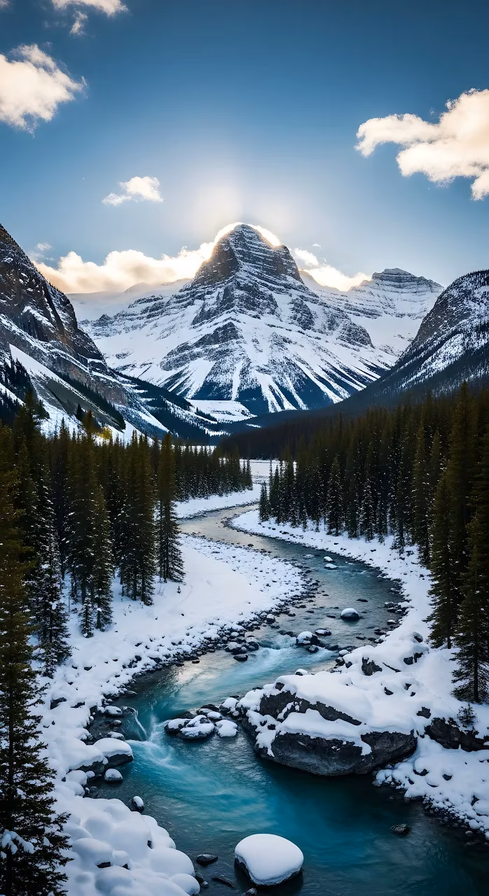Download Majestic Snowy Mountain Valley Turquoise River Wallpaper in Mobile HD Majestic Snowy Mountain Valley Turquoise River - Free Mobile AMOLED Wallpaper Background