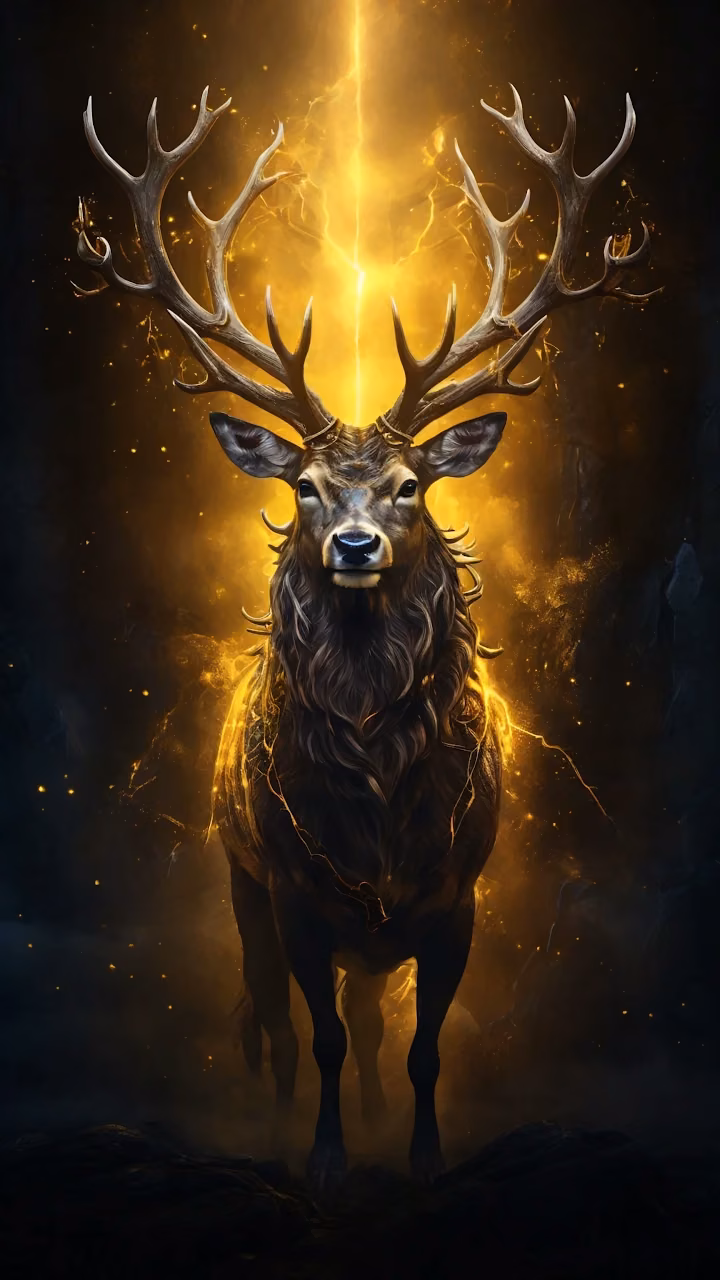 Majestic stag with glowing antlers radiates golden energy - Free Mobile AMOLED Wallpaper Background