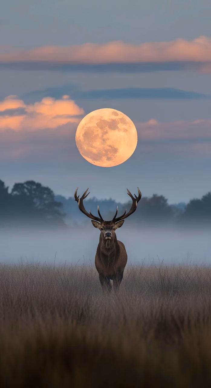 Majestic Stag Under Supermoon Twilight Fog Landscape - Free Mobile AMOLED Wallpaper Background
