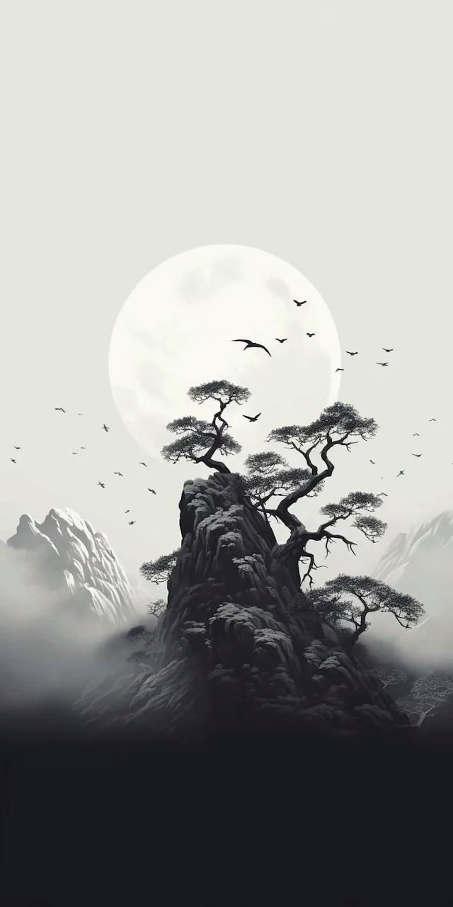 Majestic Sumi-e Pine Tree on Mountain Peak with Full Moon - Free Mobile AMOLED Wallpaper Background