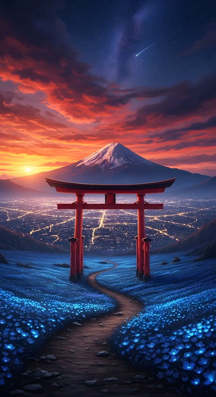 Majestic Torii Gate Overlooking Mt Fuji and Neon City Lights - Free Mobile AMOLED Wallpaper Background