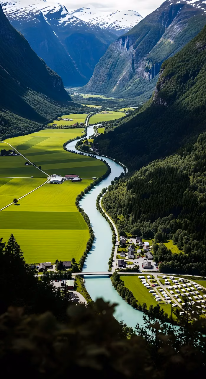 Majestic Valley Landscape with Bright Green Farmlands - Free Mobile AMOLED Wallpaper Background
