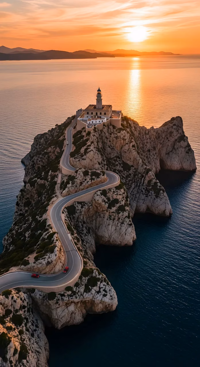 Mallorca Lighthouse Sunset Winding Road Aerial View - Free Mobile AMOLED Wallpaper Background