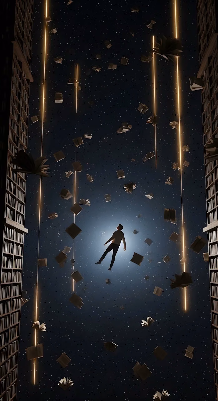 Man Floating in Cosmic Library with Flying Books and Light - Free Mobile AMOLED Wallpaper Background
