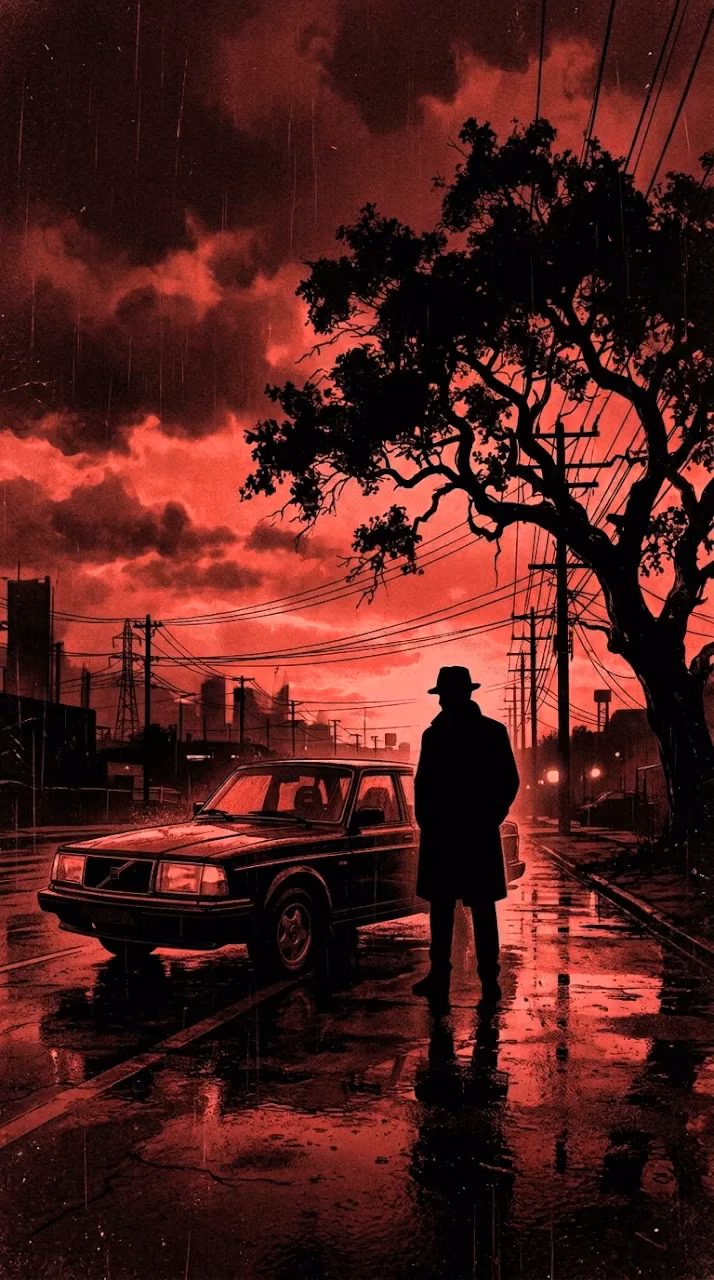 Man Standing by a Car Under a Tree in a Red Saturated Night Scene - Free Mobile AMOLED Wallpaper Background