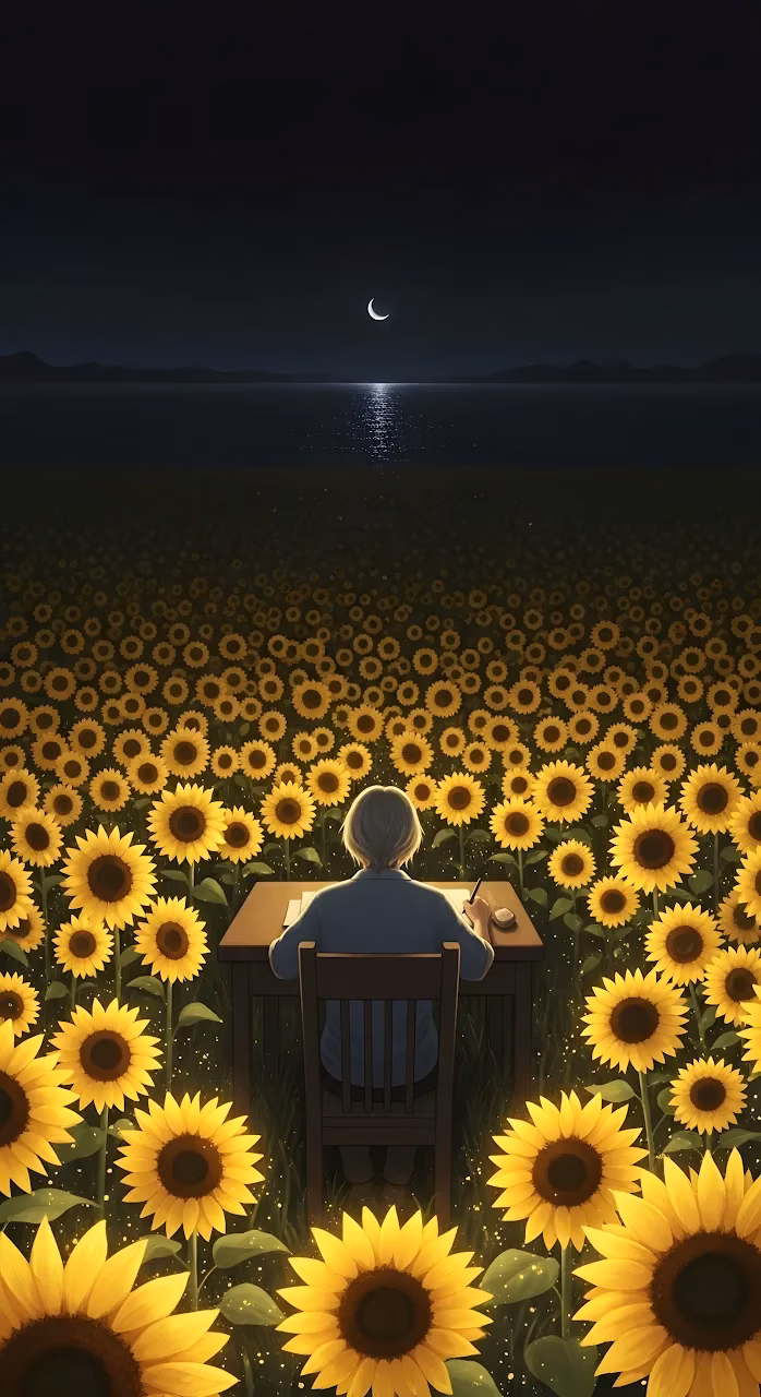 Download Man Writing at Desk in Sunflower Field Under Moonlight Wallpaper in Mobile HD Man Writing at Desk in Sunflower Field Under Moonlight - Free Mobile AMOLED Wallpaper Background