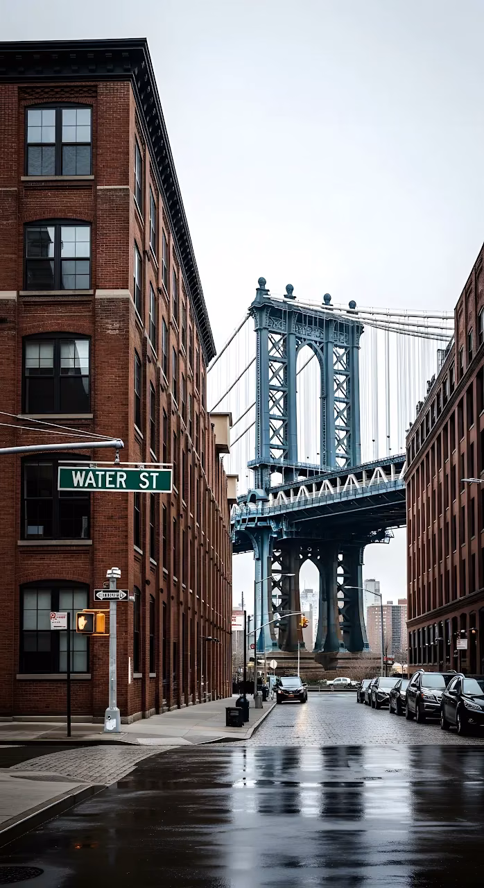 Manhattan Bridge View from DUMBO Water Street on Rainy Day - Free Mobile AMOLED Wallpaper Background