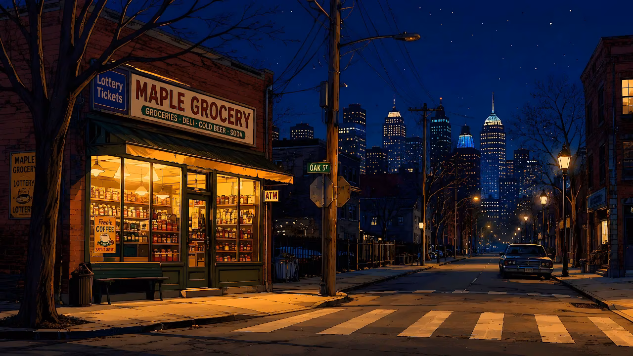 Download Maple Grocery City Night Skyline 4K Wallpaper in 4K UHD Illustrated corner grocery store lit up at night with an empty street leading toward glowing city skyscrapers.
