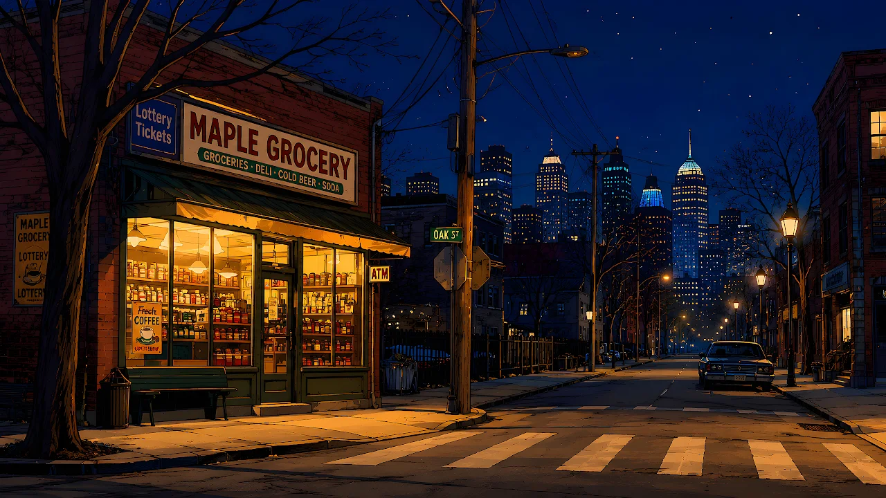 Download Maple Grocery City Night Skyline 4K Wallpaper in 4K UHD Illustrated corner grocery store lit up at night with an empty street leading toward glowing city skyscrapers.