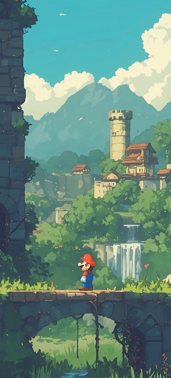 Mario Exploring Ancient Ruins in Lush Green Landscape - Free Mobile AMOLED Wallpaper Background