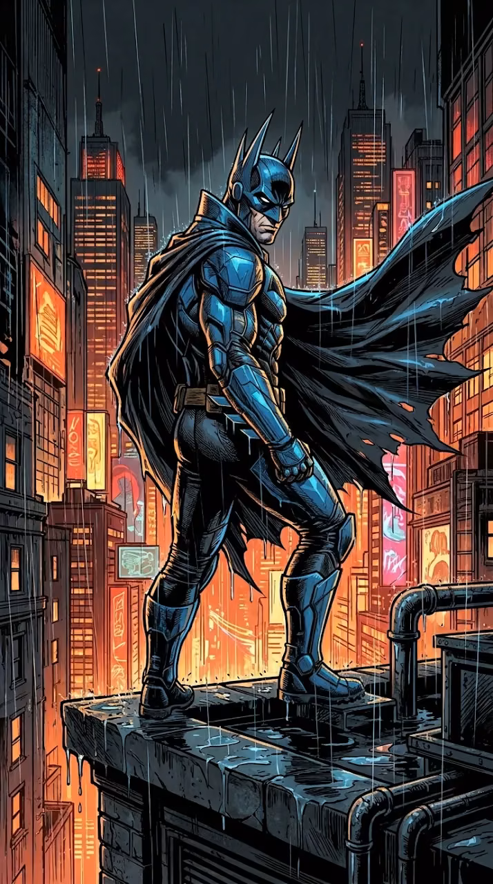 Masked Vigilante Comic Art City Skyline Illustration - Free Mobile AMOLED Wallpaper Background