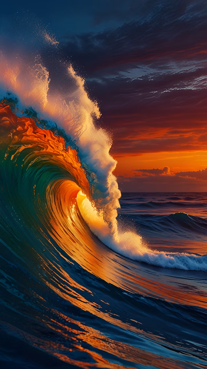 Download Massive Ocean Wave Glowing at Fiery Sunset Wallpaper in Mobile HD Massive Ocean Wave Glowing at Fiery Sunset - Free Mobile AMOLED Wallpaper Background