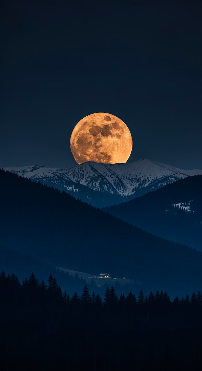 Download Massive Orange Full Moon Rising Over Dark Snowy Mountains and Forest Wallpaper in Mobile HD Massive Orange Full Moon Rising Over Dark Snowy Mountains and Forest - Free Mobile AMOLED Wallpaper Background