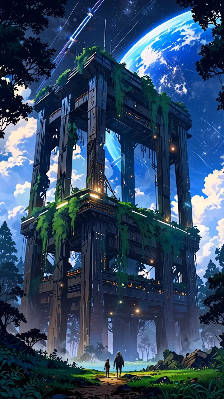 Massive overgrown tower under alien planet in starry sky - Free Mobile AMOLED Wallpaper Background