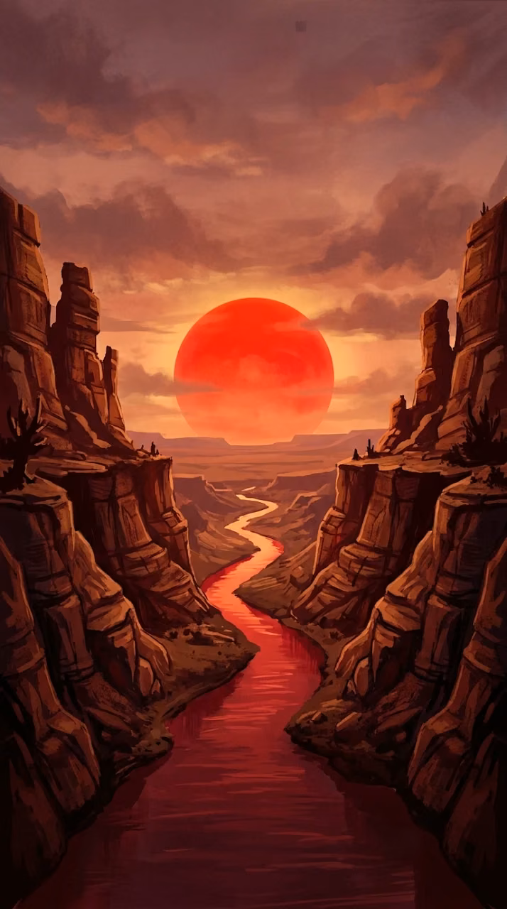 Massive Red Sun over Dark Rocky Canyon and River - Free Mobile AMOLED Wallpaper Background