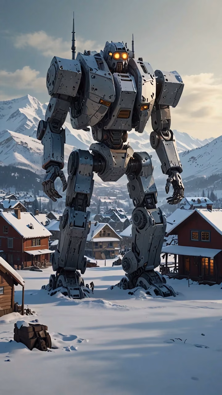 Massive Robot in Snowy Mountain Village - Free Mobile AMOLED Wallpaper Background