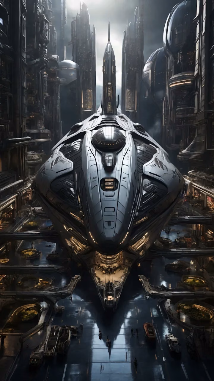Massive silver spaceship docked in towering futuristic city - Free Mobile AMOLED Wallpaper Background