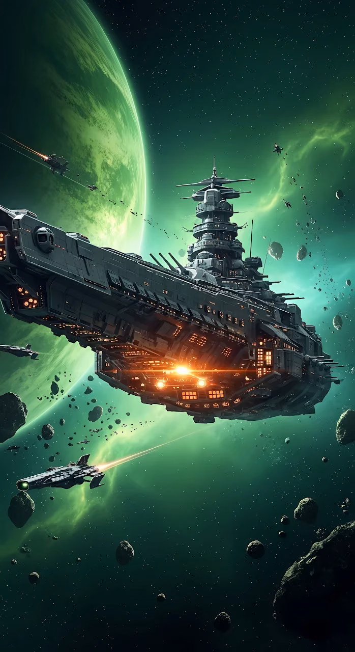 Massive Space Battleship Near a Glowing Green Planet - Free Mobile AMOLED Wallpaper Background