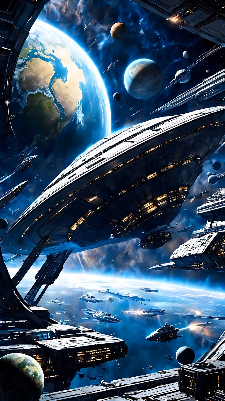 Download Massive Spaceship Fleet Docked Near Earth Orbit Battle Wallpaper in Mobile HD Massive Spaceship Fleet Docked Near Earth Orbit Battle - Free Mobile AMOLED Wallpaper Background