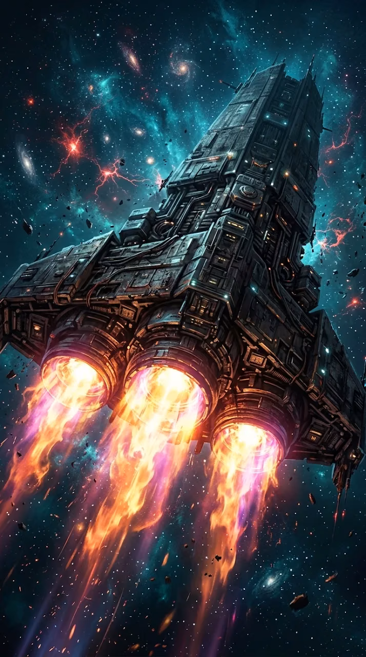 Massive Spaceship Propelling Through Cosmic Nebula with Red Glow - Free Mobile AMOLED Wallpaper Background