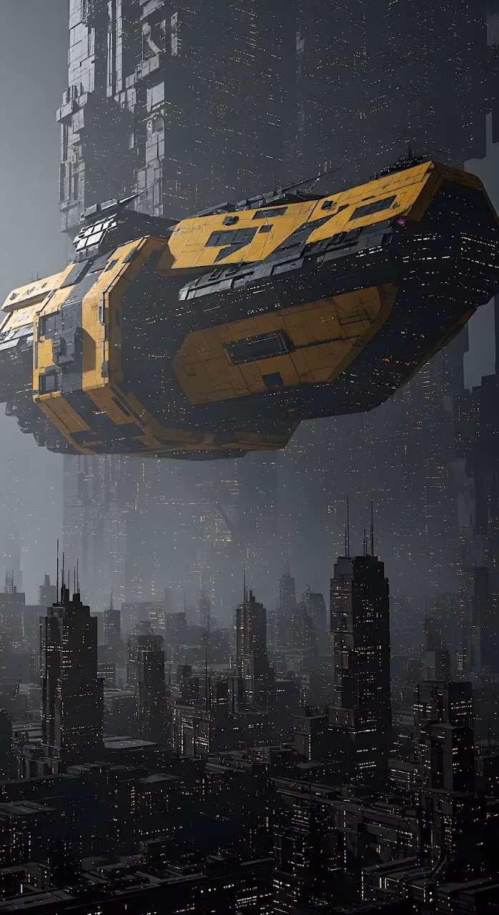 Massive Yellow Cargo Ship Hovering Over Dystopian City - Free Mobile AMOLED Wallpaper Background