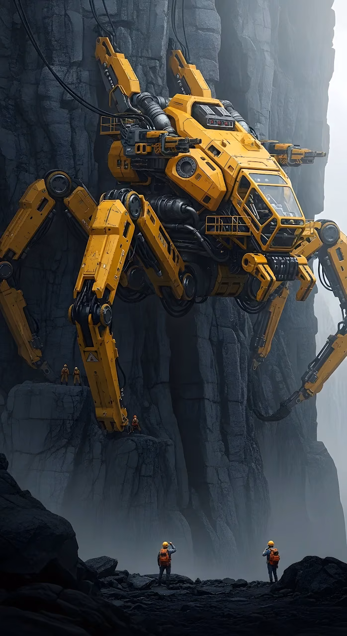 Massive Yellow Spider Mech Mining on Dark Vertical Cliff Face - Free Mobile AMOLED Wallpaper Background