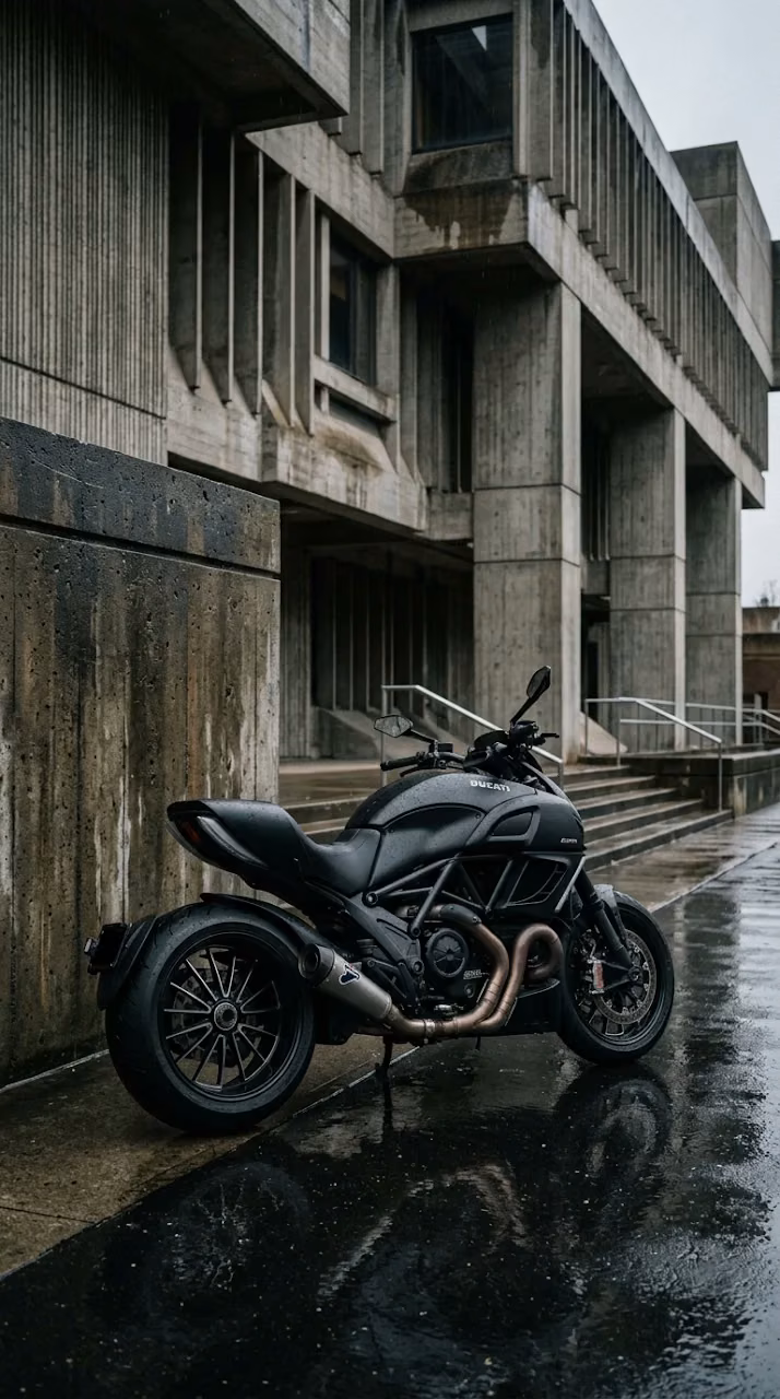 Download Matte Black Motorcycle and Brutalist Architecture Wallpaper Wallpaper in Mobile HD Matte Black Motorcycle and Brutalist Architecture Wallpaper - Free Mobile AMOLED Wallpaper Background