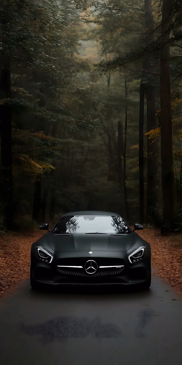 Matte Black Sports Car in Dark Forest - Free Mobile AMOLED Wallpaper Background
