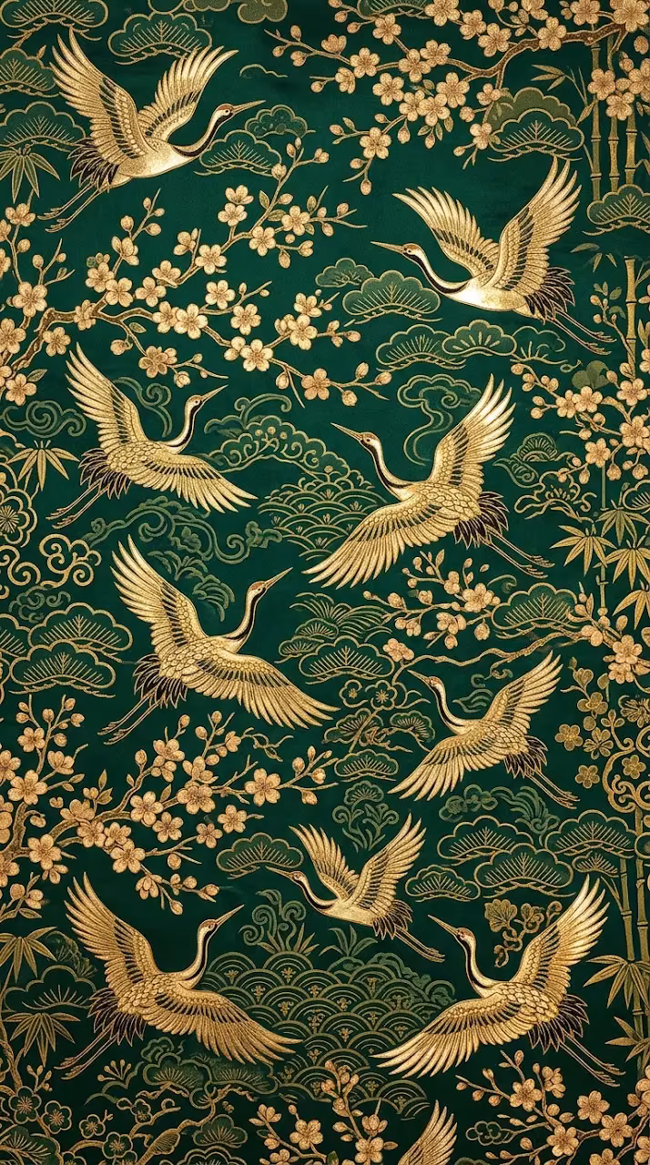 Download Maximalist Emerald Gold Chinoiserie Crane Floral Background Wallpaper in Mobile HD Maximalist Emerald Gold Chinoiserie Crane Floral Background - Free Mobile AMOLED Wallpaper Background