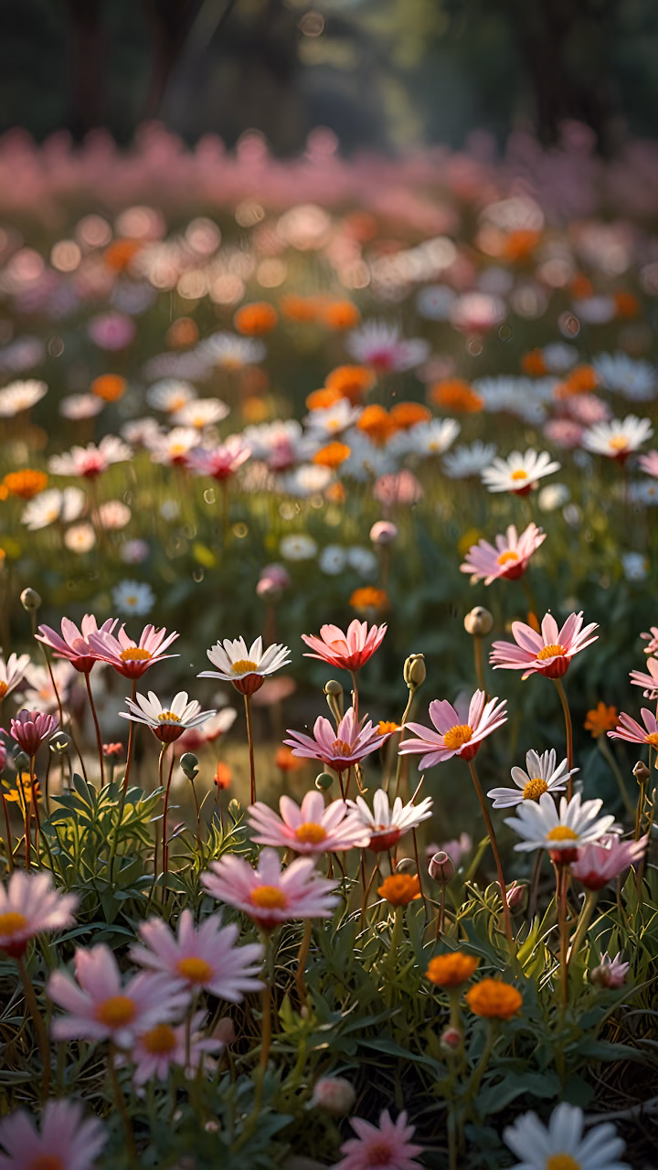 Meadow Daisies at Golden Hour, Soft Focus Flowers - Free Mobile AMOLED Wallpaper Background