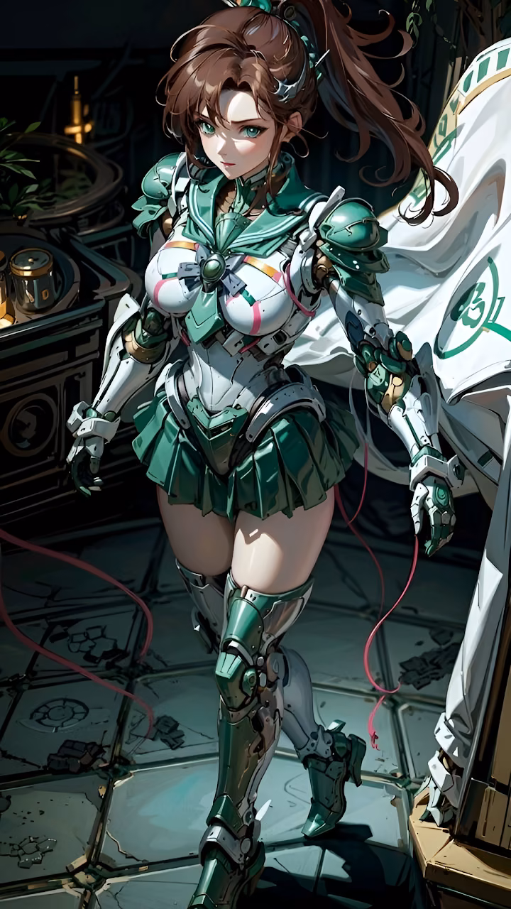 Mecha Anime Girl in Green and White Power Armor - Free Mobile AMOLED Wallpaper Background