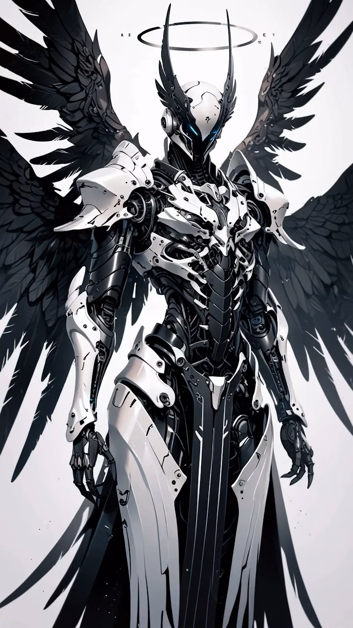 Mechanical Angel with Black Wings and Halo - Free Mobile AMOLED Wallpaper Background