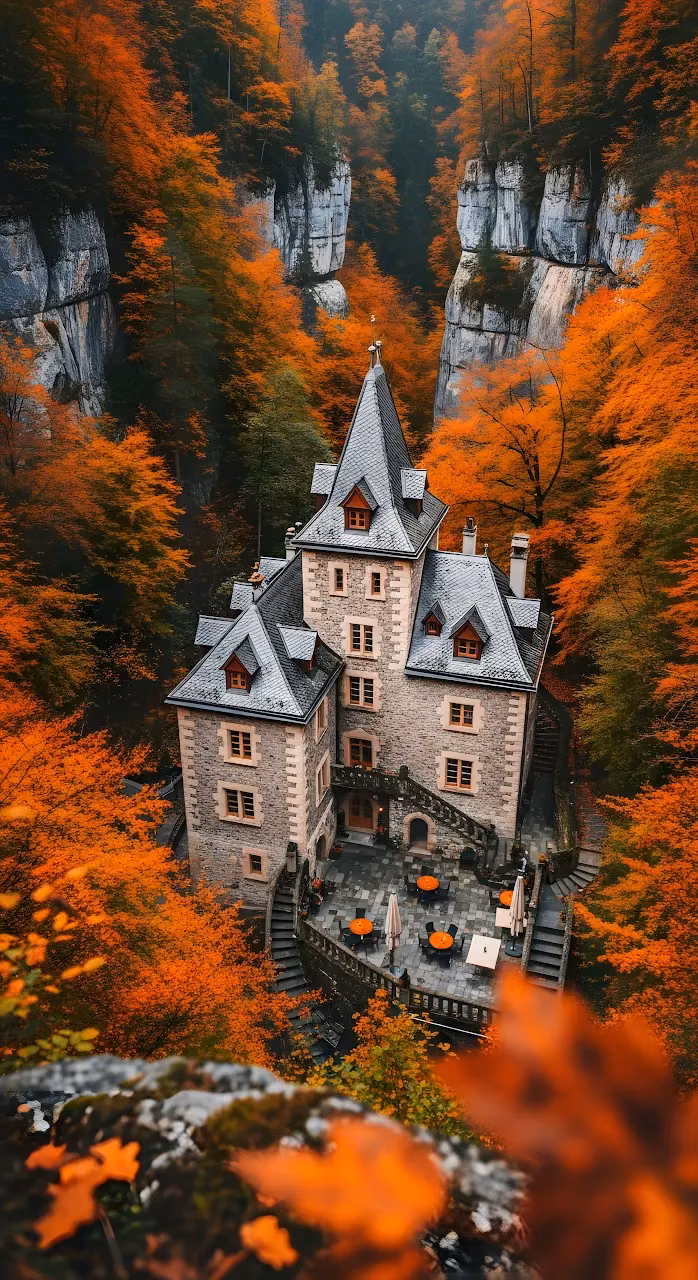 Medieval Castle Surrounded by Vibrant Autumn Forest and Cliffs - Free Mobile AMOLED Wallpaper Background
