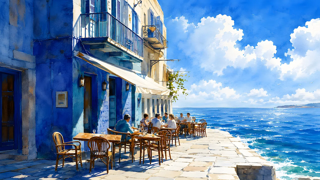 Download Mediterranean Seaside Cafe Watercolor 4K Wallpaper in 4K UHD Watercolor painting of people dining at outdoor tables beside a blue building along the seaside.