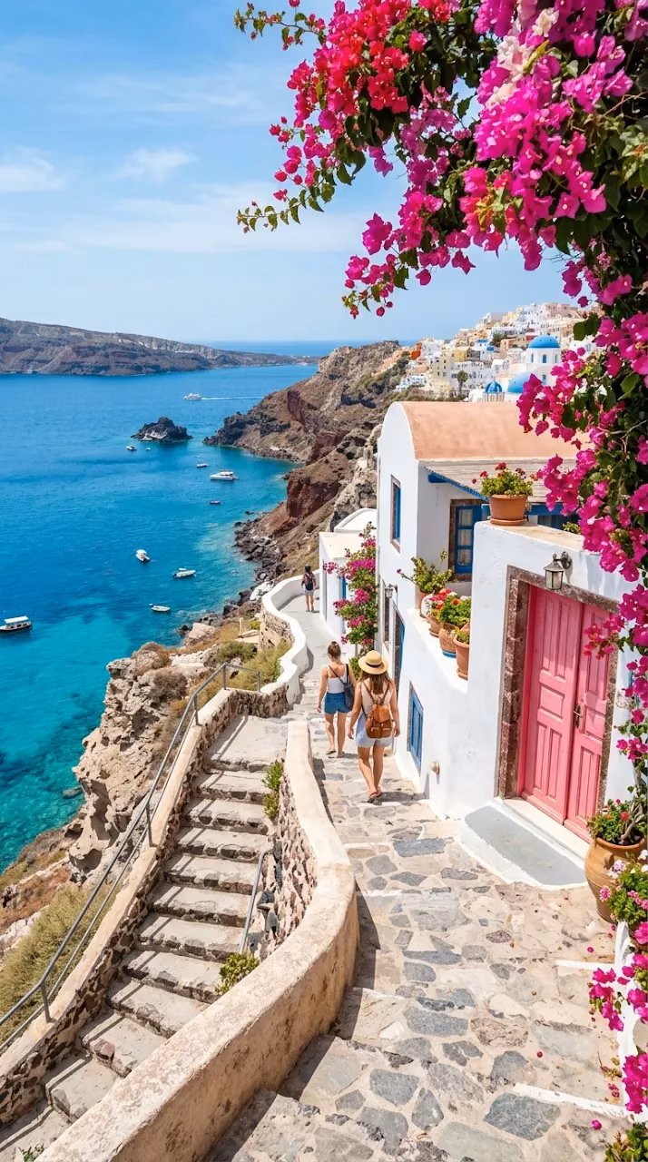 Download Mediterranean Coastal Path with Pink Bougainvillea and Turquoise Sea Wallpaper in Mobile HD Mediterranean Coastal Path with Pink Bougainvillea and Turquoise Sea - Free Mobile AMOLED Wallpaper Background